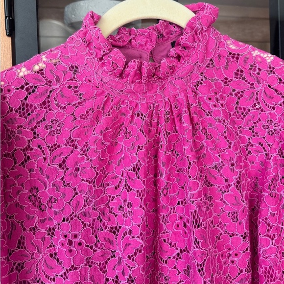 J. CREW lace long sleeve mini dress mock neck ruffle drop hem a-line bump pink - Picture 4 of 10